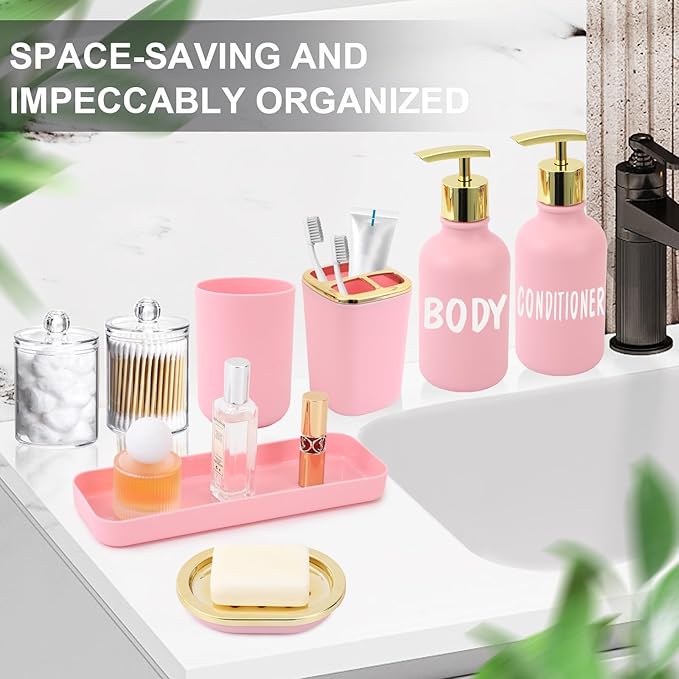XLHOMO Pink Bathroom Accessories Set - 10 Piece Bathroom Accessory Set with Trash Can, Soap Dispenser, Soap Dish, Toothbrush Holder and Cup, Toilet Brush, Qtip Holder, Bathroom Decor Sets Complete