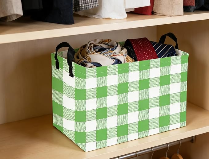 Rectangular Kids Baskets Green grid Basket Cute Storage Bins Organizer Box Boys Room Decor for Home.(Green grid)