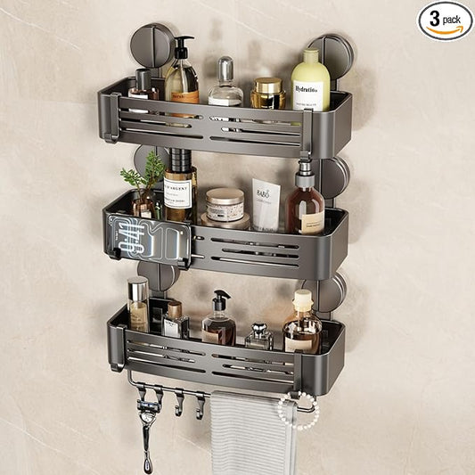 VOLPONE Shower Caddy Suction Cup No Drilling Suction Cup Shower Shelf Heavy Duty Bathroom Shower Organizer Storage Rack Adhesive with Towel Bar Hooks (3-Pack, Matte Gray)