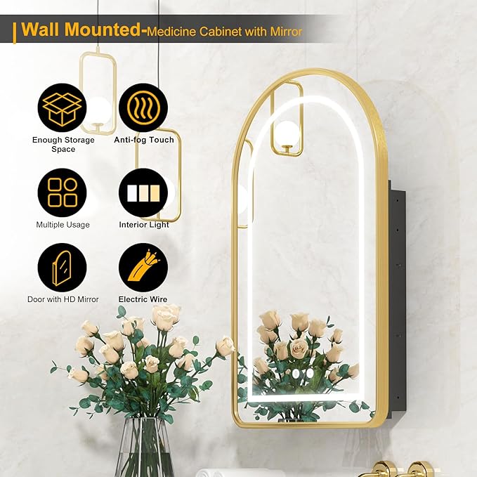 Lighted Arched Medicine Cabinet with LED Mirror - 20x31 Inch Recessed Bathroom Storage, Gold Arched Wall Mounted Mirror Cabinet, Arch Medicine Cabinet with Lights,Anti-Fog