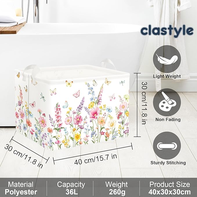 Clastyle Wildflower Baby Laundry Hamper Collapsible Clothes Kids Storage Basket Waterproof Women Girls Toy Box for Nursery Room,Butterflies,40 * 30 * 30 cm