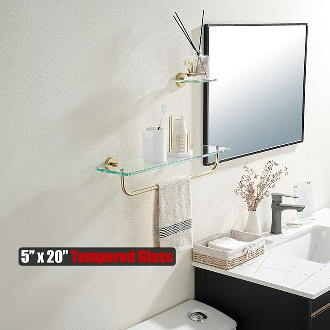 JQK Bathroom Glass Shelf, Shelf with 19 Inch Towel Bar Tempered Glass Shower Storage 20 by 5 inches, 304 Stainless Steel Brushed Gold Wall Mount, TGS100L20-BG