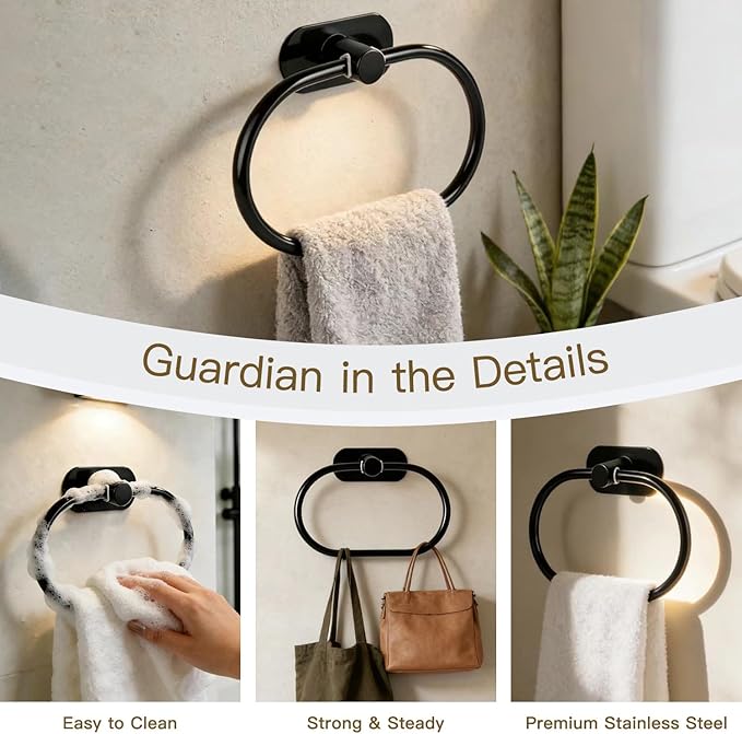 Besteffie Adhesive Towel Ring Self Adhesive Hand Towel Ring Stainless Steel Rustproof Bathroom Towel Holder Wall Mount SUS 304 Stainless Steel Matte Black