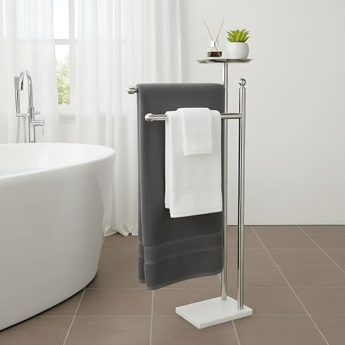 Songtec Bath Towel Rack Stand for Bathroom, 2-Tier Towel Holder Stand for Bath Towels Max to 68” & 60” Long, Practical Shelf on Top for Phone, Shampoo, Body Wash