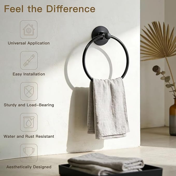 Besteffie Adhesive Towel Ring Self Adhesive Hand Towel Ring Stainless Steel Rustproof Bathroom Towel Holder Wall Mount SUS 304 Stainless Steel Matte Black,Bathroom Hand Towel Holder