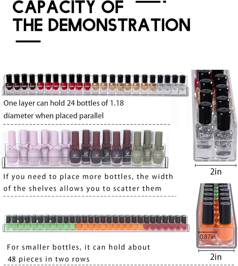 Coward 6 Piece 24" Long Clear Nail Polish Organizer Rack Wall Mounted, Acylic Big Essential oil Display Stand, Nail Paint Storage Holder, Displays 180-200 Bottles