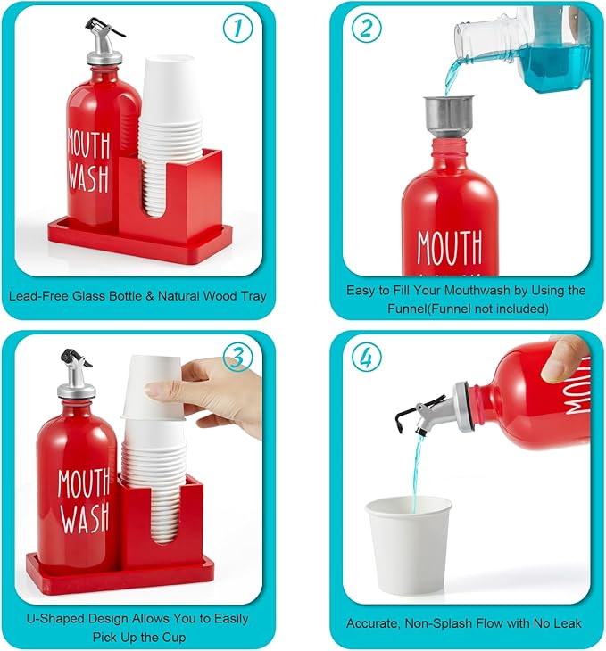Glass Mouthwash Dispenser for Bathroom, 16 OZ Mouthwash Dispenser with Pour Spout and Wood Cup Holder and Tray, Mouth Wash Bottle Container, Red Kitchen Bathroom Decor and Accessories