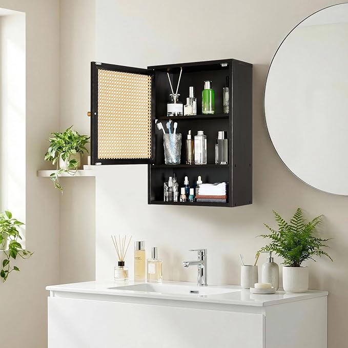 Bathroom Wall Cabinet, Bamboo Medicine Cabinet with Rattan Doors, Adjustable Shelf, Wall Mounted Storage Cabinet for Bathroom, Kitchen, Laundry Room Black