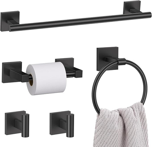 Lairuier 5 Pieces Bathroom Hardware Set Matte Black Towel Bar Set Includes 23.6” Towel Bar, Towel Ring Holder, Toilet Paper Holder and Two Towel Hooks, Bathroom Accessories Set SUS304 Wall Mounted