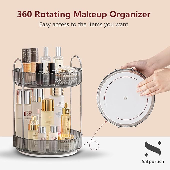 360° Rotating Makeup Organizer, 2 Tier Spinning Cosmetic Organizer for Vanity & Bathroom Countertop, Holds Tall Skincare Bottles, Perfume & Beauty Accessories – Clear Grey