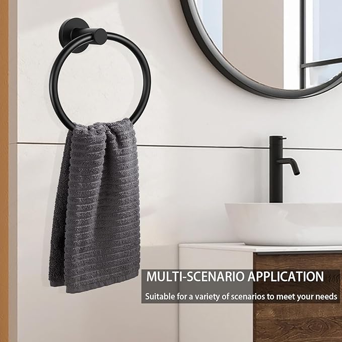 WOOPHEN Hand Towel Ring, Thicken Stainless Steel Bath Towel Holder Modern Round Towel Hanger Wall Mounted for Bathroom, Kitchen (Matte Black)
