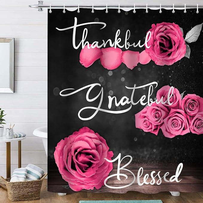 Onalasyc 4Pcs Pink Rose Shower Curtain Set with Rugs Waterproof Bathroom Sets with Shower Curtain and Rugs Romantic Rose Floral, Thankful Grateful Blessed Bathroom Curtains Shower Set,with 12 Hooks