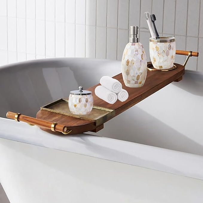 Escenzy Natural Shell Bathroom Accessories Sets 3 Pcs | Luxurious Glass Soap Dispenser, Toothbrush Holder, Cotton Jar | Modern Decor Bling Mosaic Glass Decorative Bathroom Accessories