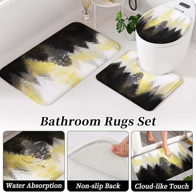 Black and Gold Bathroom Accessories, Bathroom Sets with Shower Curtain and Rugs, Bath Rugs Accessory Set with Bathroom Trash Can, Soap Dispenser, Soap Dish for Home Decor