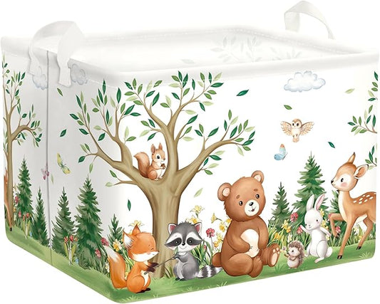 Forest Animals Laundry Hamper Woodland Tree Large Storage Basket Parents Organizer Kids Clothes Toy Bins for Bedroom, Bathroom, Bear, 36L