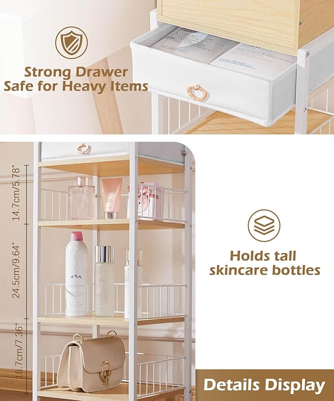 Enthralite Makeup Storage Organizer for Bedroom: Make Up Holder with Drawer - Vanity Organization for Skincare Cosmetic Brush Beauty Accessories