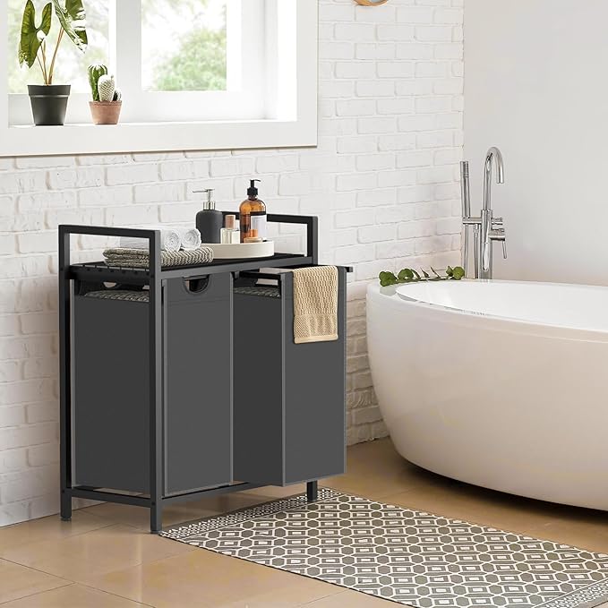 Sonharlar Laundry Hamper, Laundry Sorter with 2 Pull-Out Removable Oxford Fabric Bags Cloth Laundry Basket 2 x 10 Gallons (Grey and Charcoal Black)