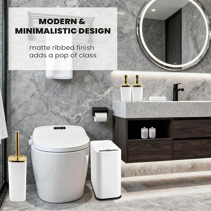 XLHOMO 9-Piece White Bathroom Accessories Set - Minimalist Matte Stripe Set with Slim Press-Top Trash Can, Soap Dispenser & Toothbrush Holder - Aesthetic Apartment Essentials