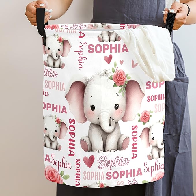 Large Custom Name Laundry Hamper, Elephant Personalized Dirty Clothes Hamper Storage Basket with Name for Bathroom Bedrooms, Customized Name Circular Hamper with Handles for Baby Boys Girls Men Women