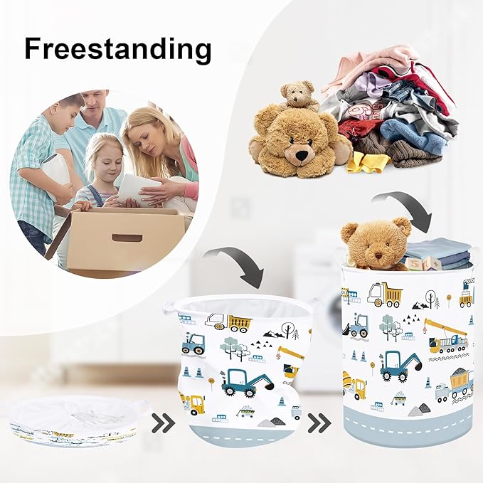Cars Laundry Hamper Cartoon Vehicle Large Storage Basket Collapsible Parents Organizer Boy Toy Clothes Bins for Bedroom, Bathroom, Crane, 63L