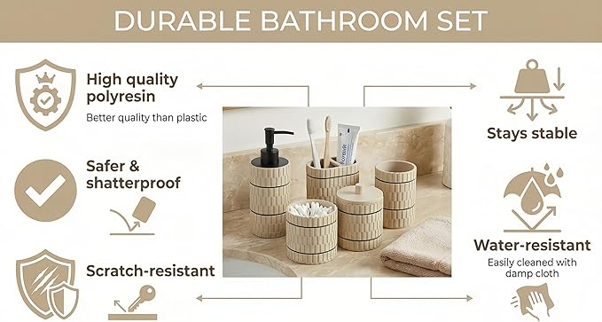 Bathroom Accessory Set, 6 Piece Bathroom Essentials Sets Accessories, Soap Dispenser Set, Toothbrush Holder, Vanity Tray, Tumbler, Cotton Swab Jars, Decor Organizer for Modern Bathrooms(Beige)