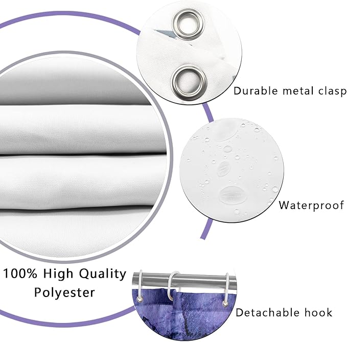 4 Piece Bathroom Set with Shower Curtain and Rugs, Gold Purple, Incl 12 Hooks, Soft Bath Mat, U-Shaped Floor Mat, Toilet Lid Oval Rug