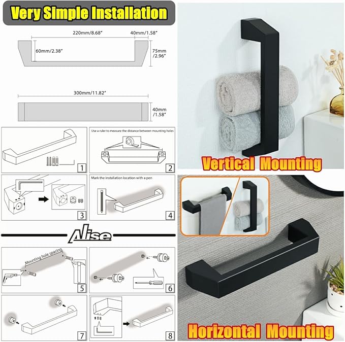 Alise 12 Inch Bath Towel Bars,Towel Hanger Towel Racks for Bathroom and Lavatory,SUS304 Stainless Steel Hand Towel Holder Towel Rail Wall Mount,Matte Black,GXY1540-300-B