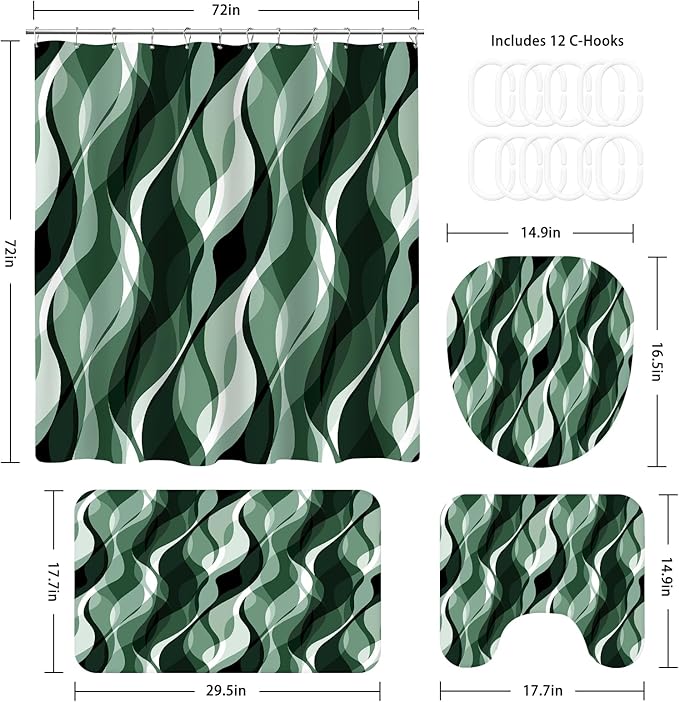 4PCS Emerald Green Bathroom Sets with Shower Curtain and Rugs, Abstract Striped Shower Curtain Sets with Rugs, Modern Bathroom Curtains Shower Set with Toilet Lid Cover