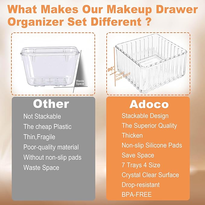 7 PCS Clear Drawer Organizers Bins, 4-Size Stackable Makeup Vanity Drawer Organizer Trays, Acrylic Bathroom Drawer Organizer Storage Containers for Cosmetic,Office Supply