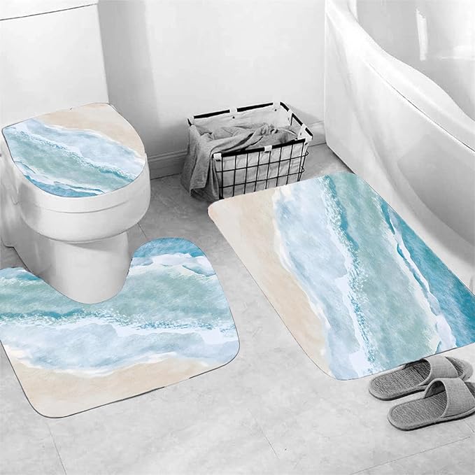 Yizheer 4Pcs Beach Coastal Shower Curtain Sets, Teal Blue Coastal Ocean Beach Theme Bathroom Curtain with Rugs, Toilet Lid Cover and Bath Mat