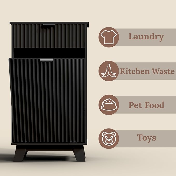 Double Tilt Out Laundry Hamper Cabinet, 20 Gallon Wooden Trash Can Cabinet with Storage Drawers, Hidden Fluted Garbage Can Holder for Kitchen, Living Room (Black, 20.47" W x 35.83" H x 13" D)