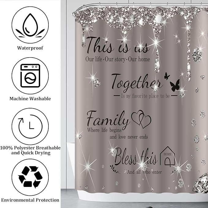 juwute 4Pcs Family Shower Curtain Sets with Non-Slip Rugs, Toilet Lid Cover and Bath Mat,Grey Glitter Diamond Home Bathroom Decor Set Accessories Waterproof Shower Curtains with 12 Hooks, 72 x 72 Inch