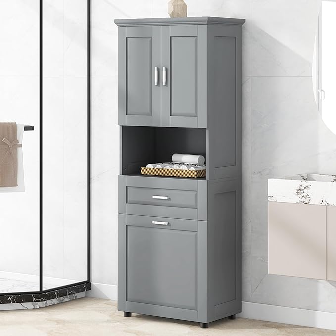 Virubi Tall Laundry Cabinet with Tilt Out Laundry Hamper and Drawer, Modern Wood Bathroom Storage Cabinet with Doors and Adjustable Shelves, Freestanding, Grey