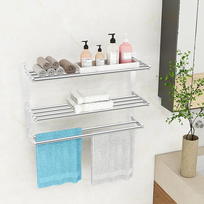 Bathroom Towel Rack 24", 3 Tier Towel Racks for Bathroom Wall Mounted, Bathroom Shelf with Double Towel Bar, Stainless Steel Towel Storage for Bathroom Lavatory Towel Holder Hanger, Brushed Nickel