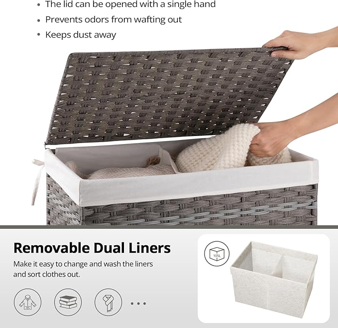 OIAHOMY Storage Basket with Lid, 27.7 Gallon (105L) Blanket Basket with Removable Liner Bag, Synthetic Wicker Hamper with Handle, Hamper for Living Room, Grey