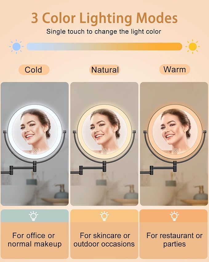 Benbilry 9" Large Wall Mounted Lighted Makeup Mirror, 1X/10X Magnifying 2-Sided AC Plug-in Powered Bathroom Mirror with 3 Color Lights, Touch Dimmable, Extended Arm 360° Rotation, 【Black】