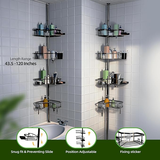 Corner Shower Caddy Tension Pole, 4 Tier Rust-Resistant Adjustable Bathroom Organizer Shelves, Bathtub Storage Rack with Soap Holder, No-Drill Install, Floor to Ceiling Rod 47-121 Inch, Black