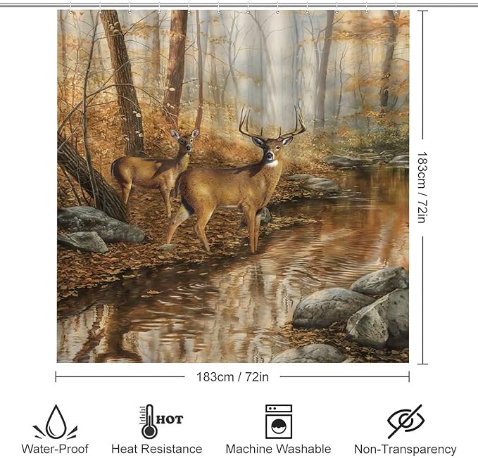 Rustic Cabin Wildlife Deer 4 Piece Shower Curtain Sets, Non-Slip Rugs, Toilet Lid Cover and Bath Mat, Durable and Waterproof, for Bathroom Decor Set One Size
