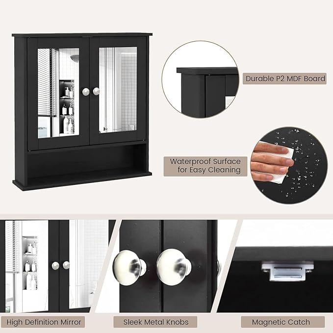 COSTWAY Bathroom Cabinet Wall Mount, Wooden Medicine Cabinet with 2 Mirror Doors, Adjustable Shelf, Open Compartment, for Laundry, Living Room, Kitchen, Black