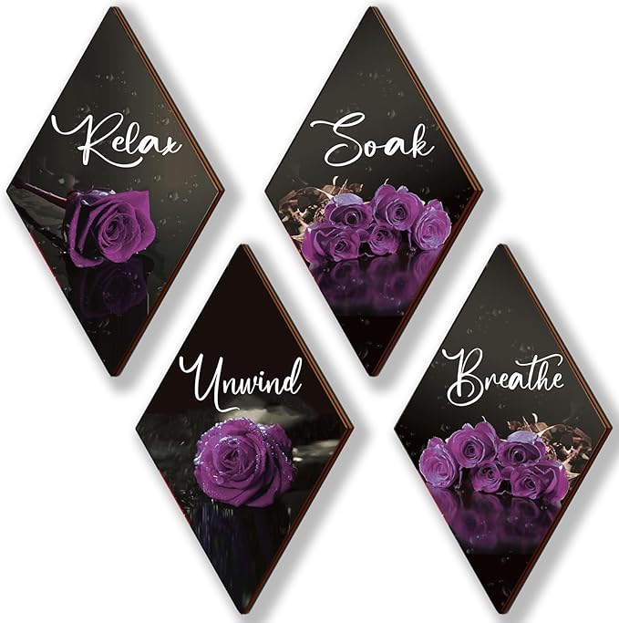ONIZHITY Set of 4 Purple Bathroom Decor Rose Wooden Wall Decor Flower Rustic Romantic Floral Farmhouse Wall Decor Breathe Soak Unwind Relax Sign Purple Decor for Room Bedroom Bathroom (purple 12 x 7)