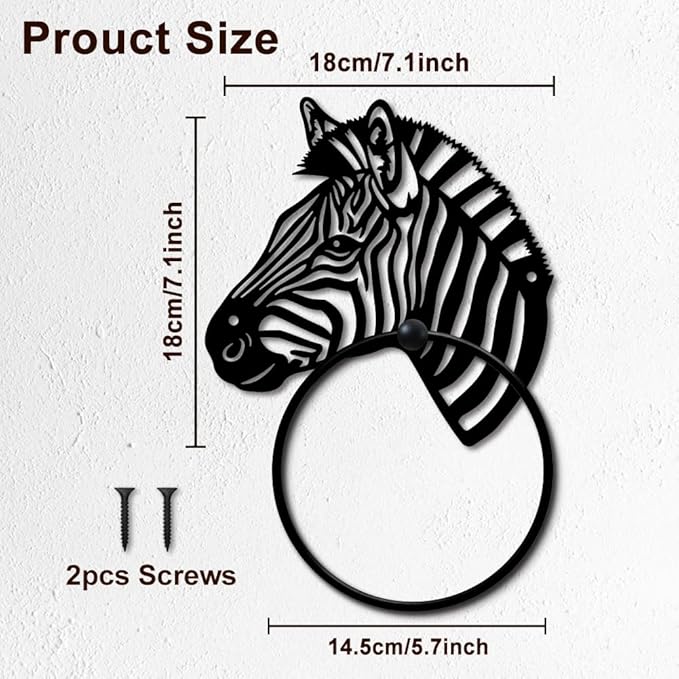 MAYJOYDIY Zebra Head Metal Towel Ring Round Grassland Zebra Hand Towel Holder Animals Ring Hanger Wall Mount Black Vintage Towels Wall Organizer for Kitchen Bath Home Laundry Room Decors Gifts