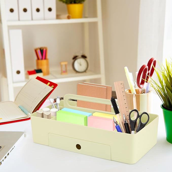 Multipurpose Caddy Organizer with Handle -8 Compartments and 1 small drawer - Art Craft Supplies, Office, Desk, Stationery Pen Holder, Makeup, Bathroom, Shower, Cleaning, Dorm Organizer - Green