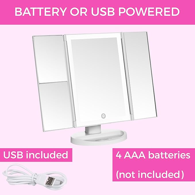 Luvly Trifold Vanity Mirror with LED Lights | Touch Screen Dimming - 1x 2X 3X Magnification - Portable Makeup Mirror