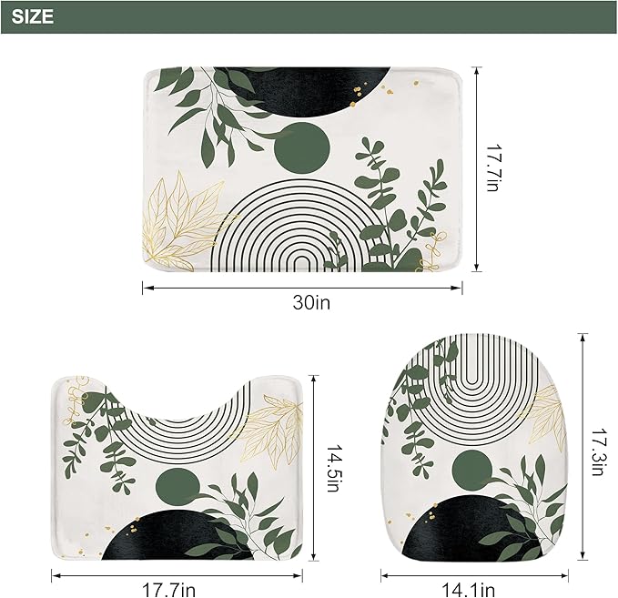 Riyidecor Boho Dark Green 4Pcs Bathroom Shower Curtain Sets Mid Century Abstract Modern Minimalist Bathroom Decor Set with Rugs and Accessories Leaf Toilet Lid Rug, Contour and Bath Mat with 12 Hooks