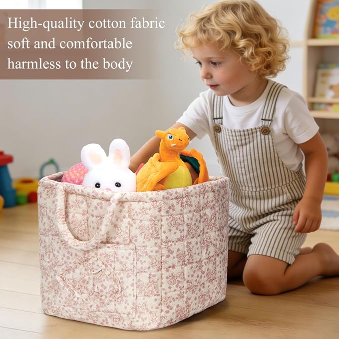 Quilted Fabric Basket Car Storage Basket Boho Floral Laundry Hamper for Nursery Bedroom & Living Room | Organize Clothes Toys