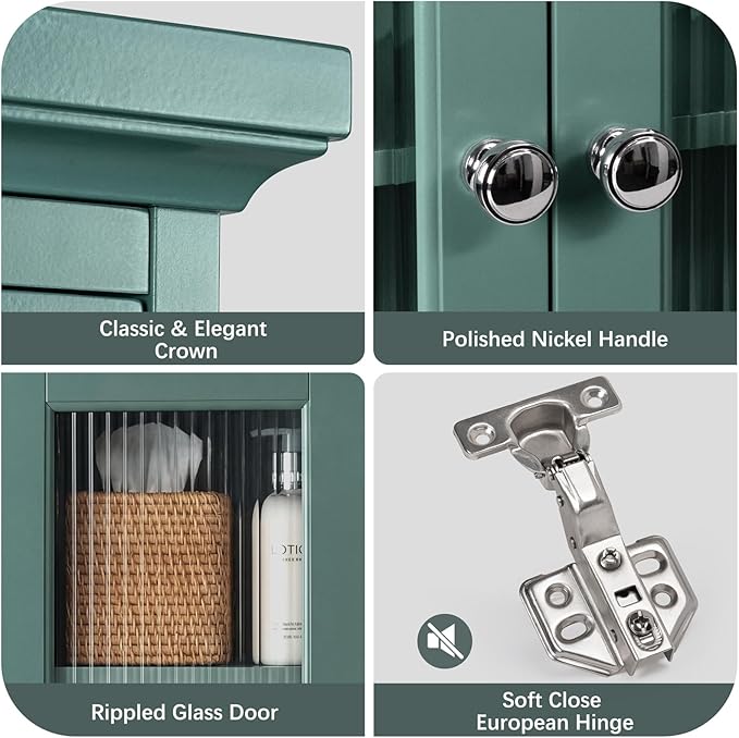 Wall Mounted Bathroom Cabinet with Fluted Glass Doors, Medicine Cabinet with Soft-Close Hinges, Space Saving Wall Organizer for Bathroom Above Toilet Storage (Halcyon Green)