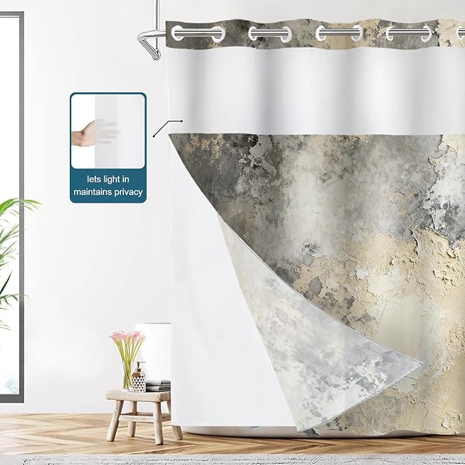 Shrahala Taupe Squares Texture No Hooks Shower Curtain with Snap in Liner Set, Grey and Beige Art Painting Bathroom Décor Polyester Fiber Waterproof for Stall Bathtubs 71 X 86 in