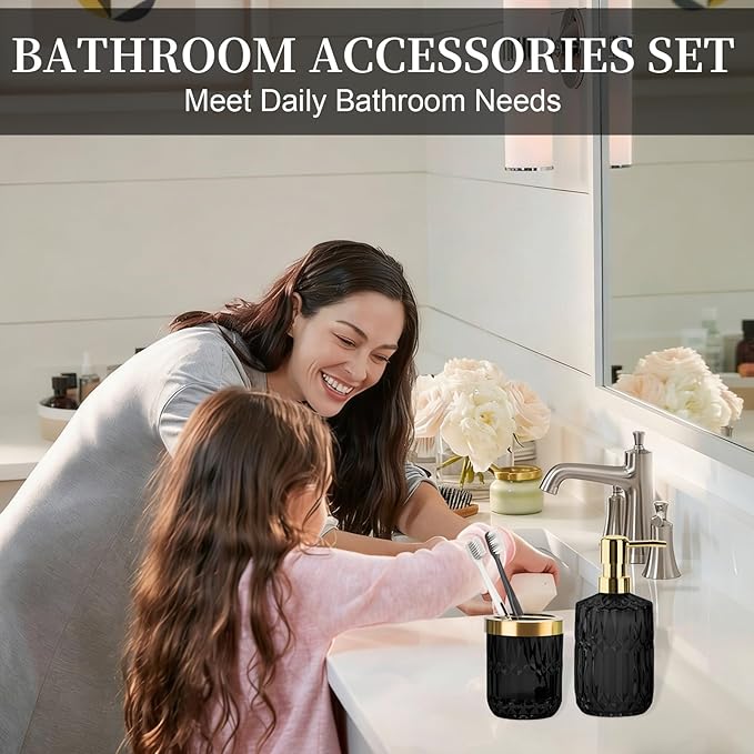 Glass Bathroom Accessories Set, 2PCS Glass Bathroom Accessory, Toothbrush Holder and Soap Dispenser Set for Modern Bathroom Decor(Black Gold)