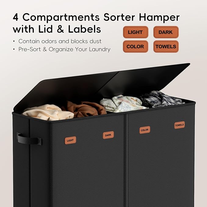 Laundry Hamper 4-Section with Lid, 185L Laundry Sorter with 4 Removable Bags + 1 Extra Large Bag, Switchable 3/4 Compartment, Laundry Basket Organizer for Bedroom, Laundry Room，Black