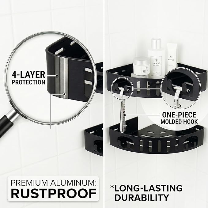 Adhesive Corner Shower Shelf No Drill | Rust-Proof Aluminum Alloy Stick On Bathroom Organizer with Shaving Holder for Shampoo, Conditioner, Soap, Razors Black 2Pack